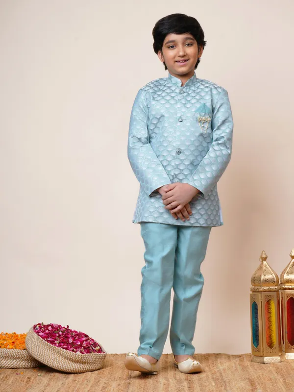 Sky_Blue_Jacquard_Sherwani_And_Churidar_Set_Ethnic_Motifs_For_Boys