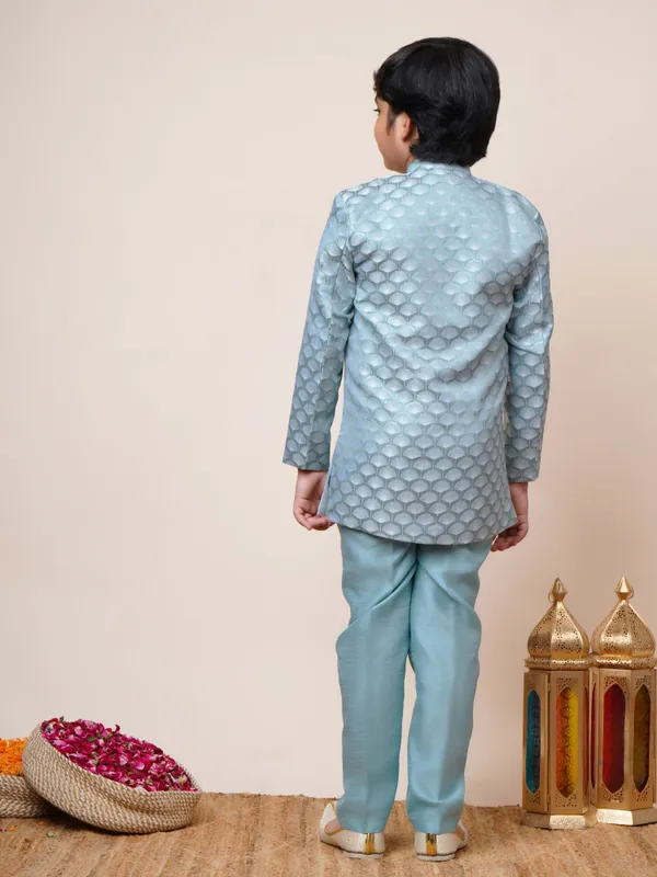 Sky_Blue_Jacquard_Sherwani_And_Churidar_Set_Ethnic_Motifs_For_Boys