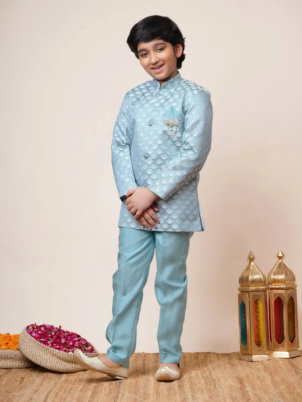 Sky_Blue_Jacquard_Sherwani_And_Churidar_Set_Ethnic_Motifs_For_Boys