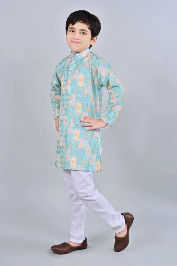 Sea_Green_Rayon_Kurta_And_Pyjama_Set_Embellished_For_Boys