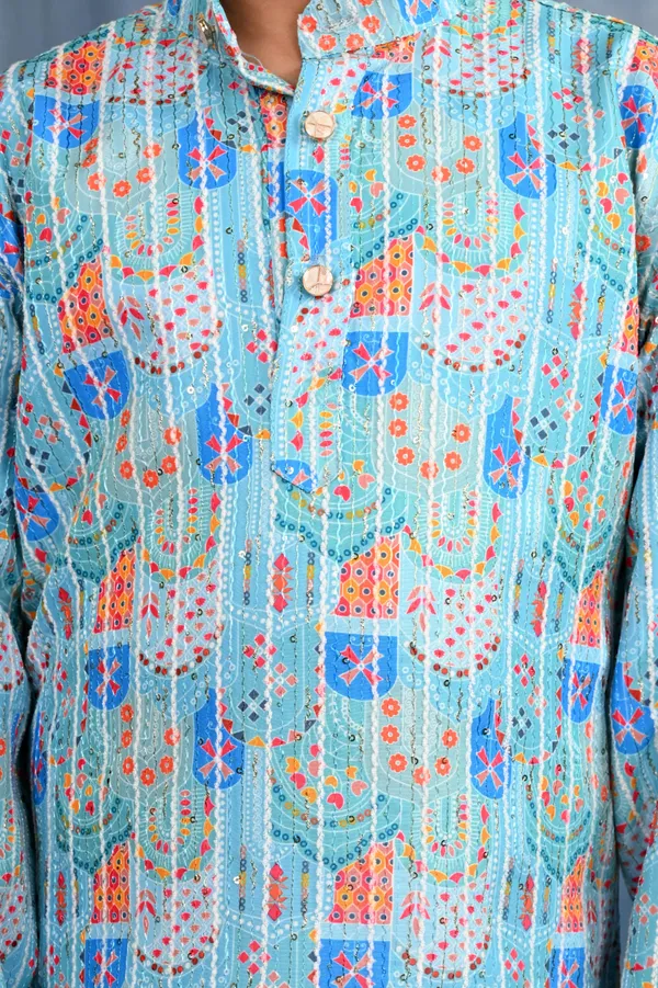 Light_Blue_Cotton_Blend_Kurta_And_Pyjama_Set_Printed_For_Boys
