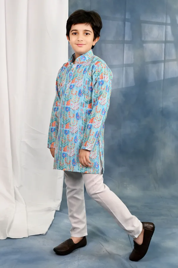 Light_Blue_Cotton_Blend_Kurta_And_Pyjama_Set_Printed_For_Boys
