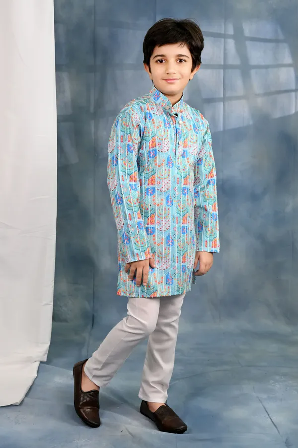 Light_Blue_Cotton_Blend_Kurta_And_Pyjama_Set_Printed_For_Boys