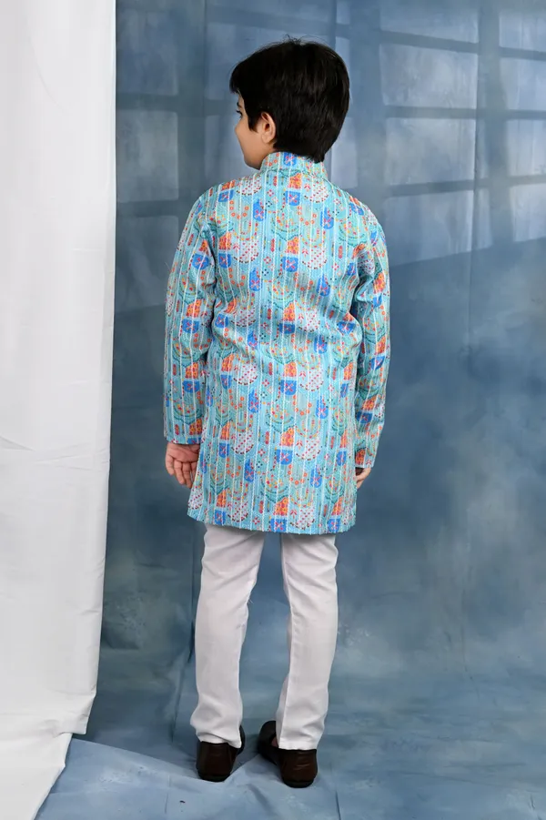 Light_Blue_Cotton_Blend_Kurta_And_Pyjama_Set_Printed_For_Boys