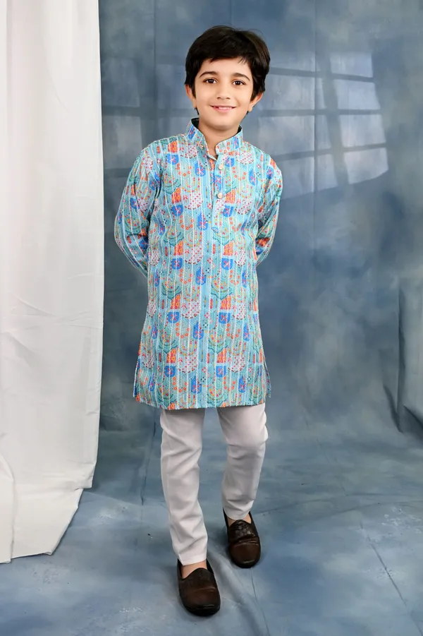 Light_Blue_Cotton_Blend_Kurta_And_Pyjama_Set_Printed_For_Boys