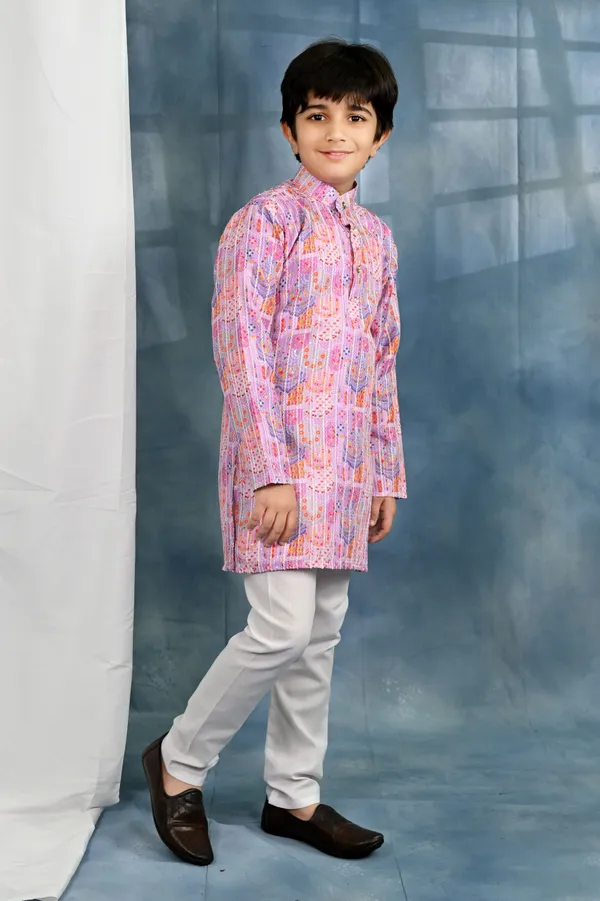 Lavender_Pink_Cotton_Blend_Kurta_And_Pyjama_Set_Printed_For_Boys