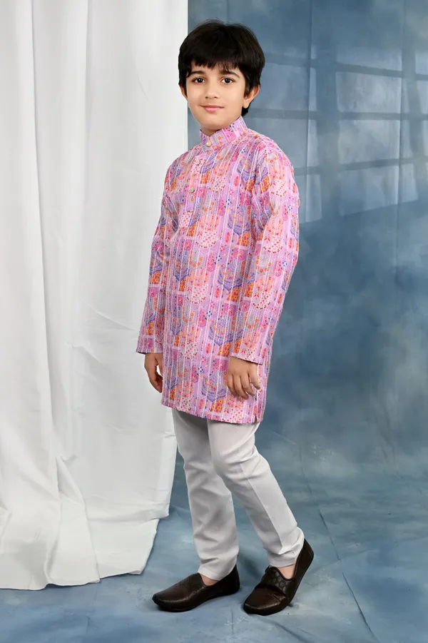 Lavender_Pink_Cotton_Blend_Kurta_And_Pyjama_Set_Printed_For_Boys