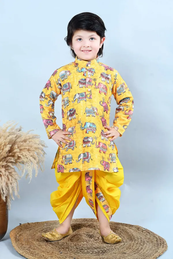 Yellow_Cotton_Silk_Dhoti_&_Kurta_Set_Printed_For_Boys