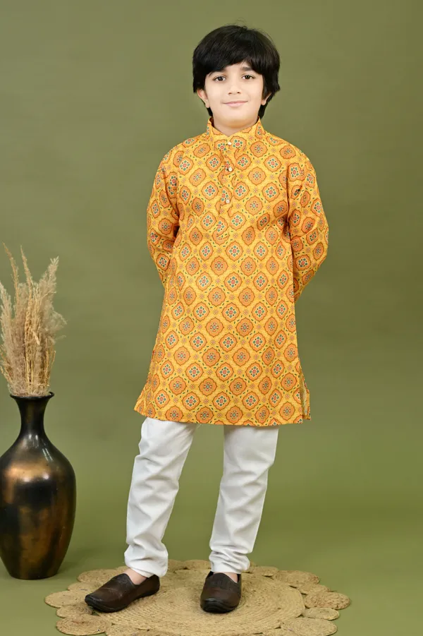 Mustard_Cotton_Blend_Kurta_And_Pyjama_Set_Printed_For_Boys