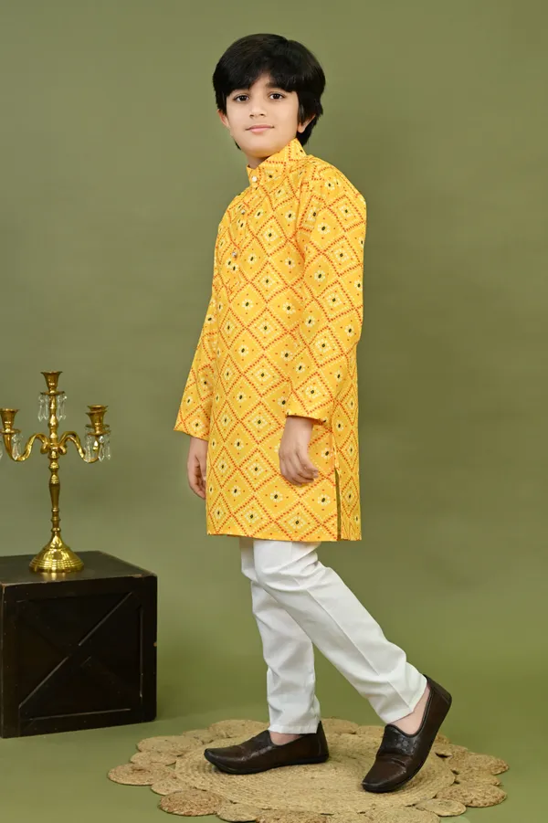 Yellow_Cotton_Blend_Kurta_And_Pyjama_Set_Geometric_Print_For_Boys