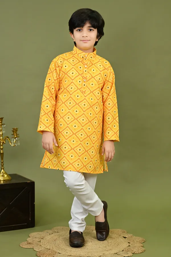 Yellow_Cotton_Blend_Kurta_And_Pyjama_Set_Geometric_Print_For_Boys