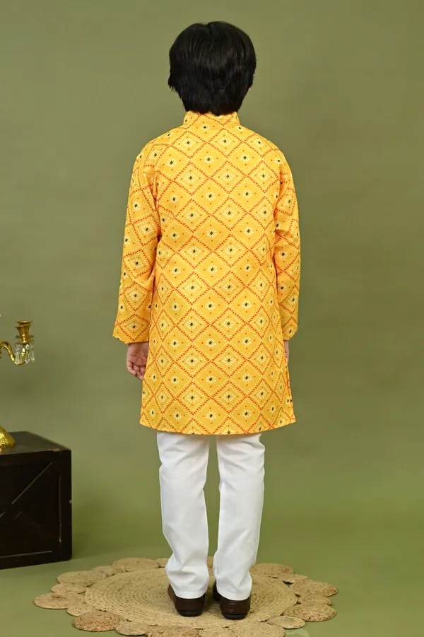 Yellow_Cotton_Blend_Kurta_And_Pyjama_Set_Geometric_Print_For_Boys