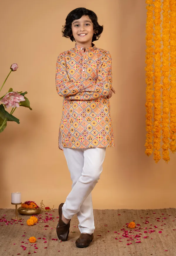 Mustard_Cotton_Blend_Kurta_And_Pyjama_Set_Printed_For_Boys