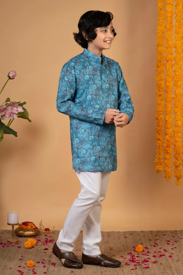 Teal_Blue_Cotton_Blend_Kurta_And_Pyjama_Set_Printed_For_Boys