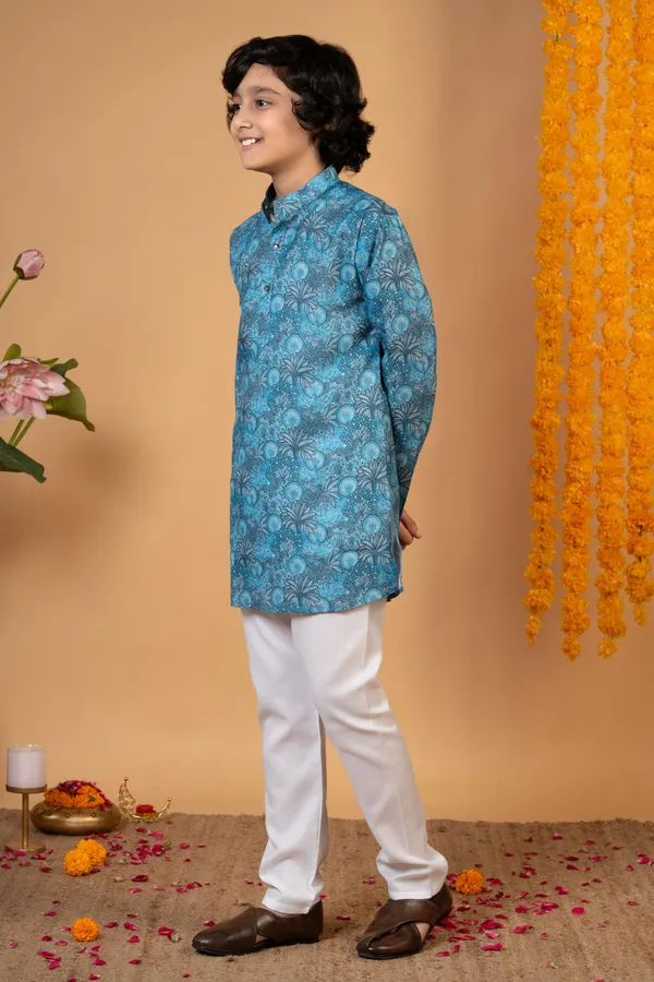 Teal_Blue_Cotton_Blend_Kurta_And_Pyjama_Set_Printed_For_Boys