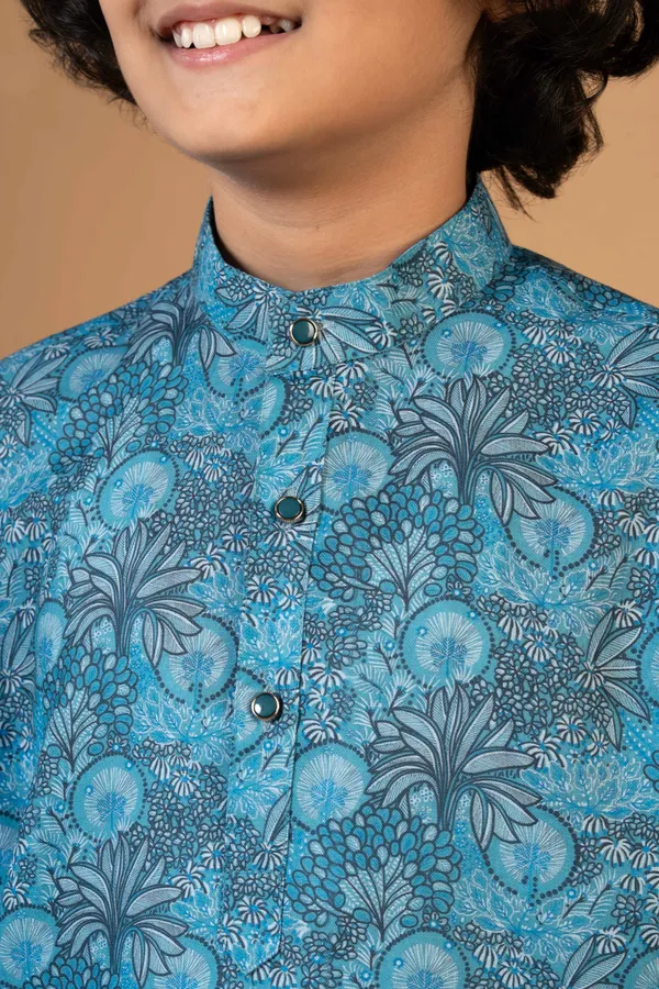 Teal_Blue_Cotton_Blend_Kurta_And_Pyjama_Set_Printed_For_Boys