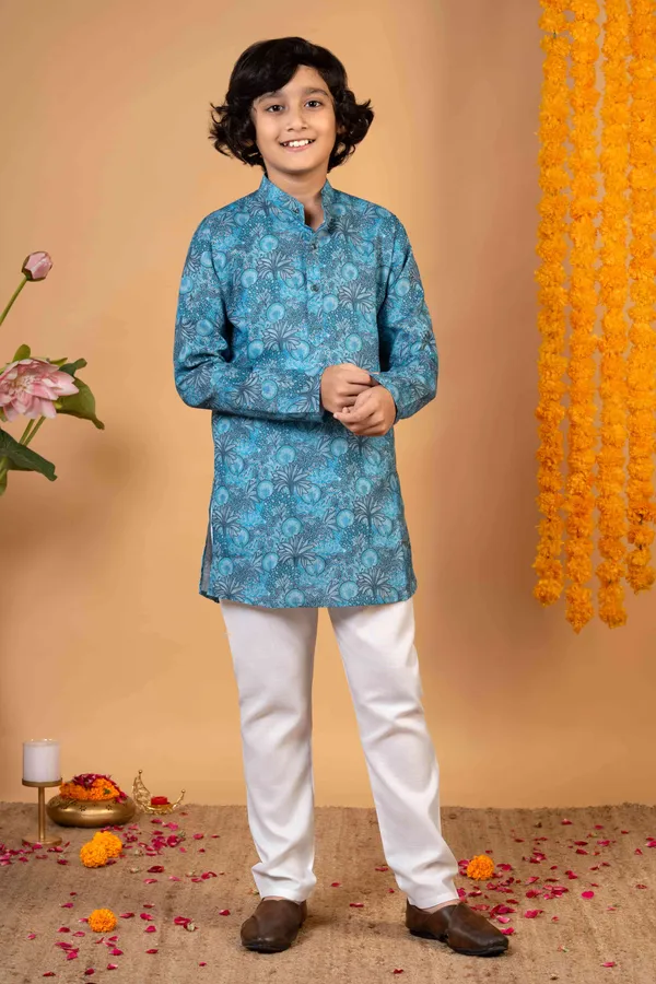 Teal_Blue_Cotton_Blend_Kurta_And_Pyjama_Set_Printed_For_Boys