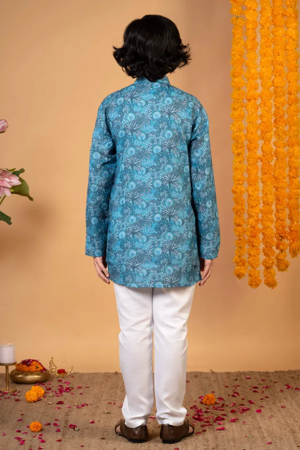 Teal_Blue_Cotton_Blend_Kurta_And_Pyjama_Set_Printed_For_Boys