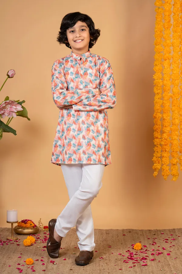Peach_Multi_Cotton_Blend_Kurta_And_Pyjama_Set_Printed_For_Boys