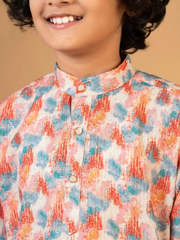 Peach_Multi_Cotton_Blend_Kurta_And_Pyjama_Set_Printed_For_Boys