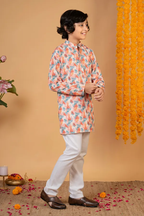Peach_Multi_Cotton_Blend_Kurta_And_Pyjama_Set_Printed_For_Boys