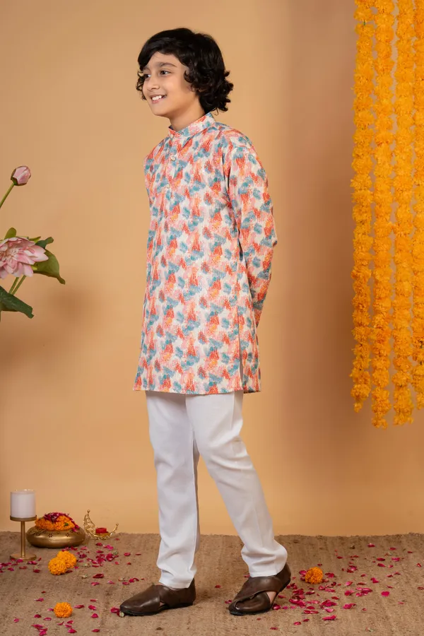 Peach_Multi_Cotton_Blend_Kurta_And_Pyjama_Set_Printed_For_Boys