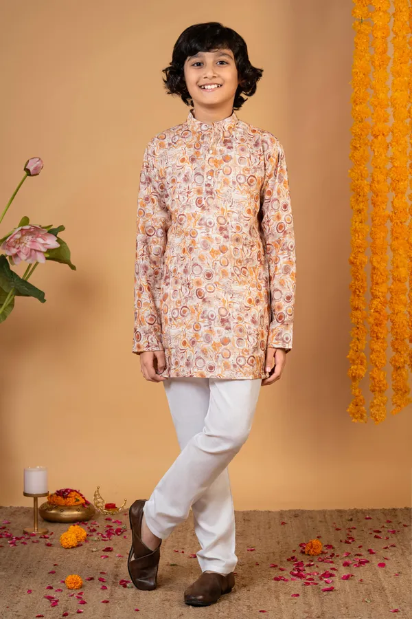 Rust_Cotton_Blend_Kurta_And_Pyjama_Set_Printed_For_Boys