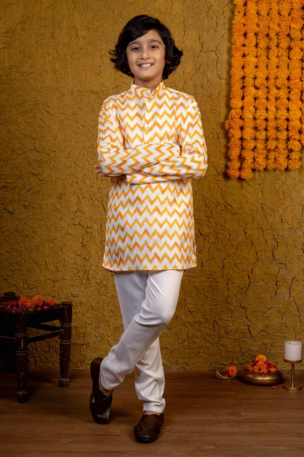 Yellow_&_White_Cotton_Blend_Kurta_And_Pyjama_Set_Striped_For_Boys