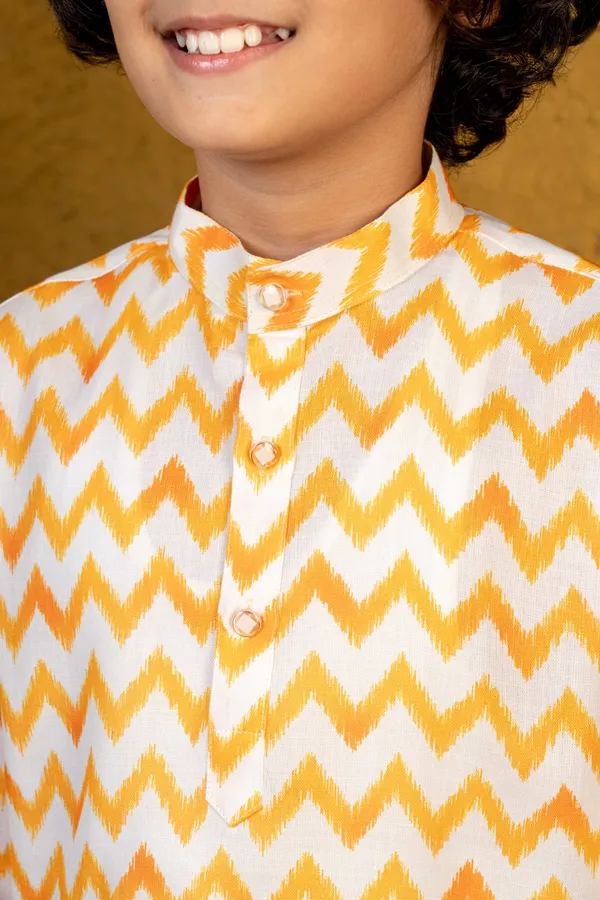 Yellow_&_White_Cotton_Blend_Kurta_And_Pyjama_Set_Striped_For_Boys
