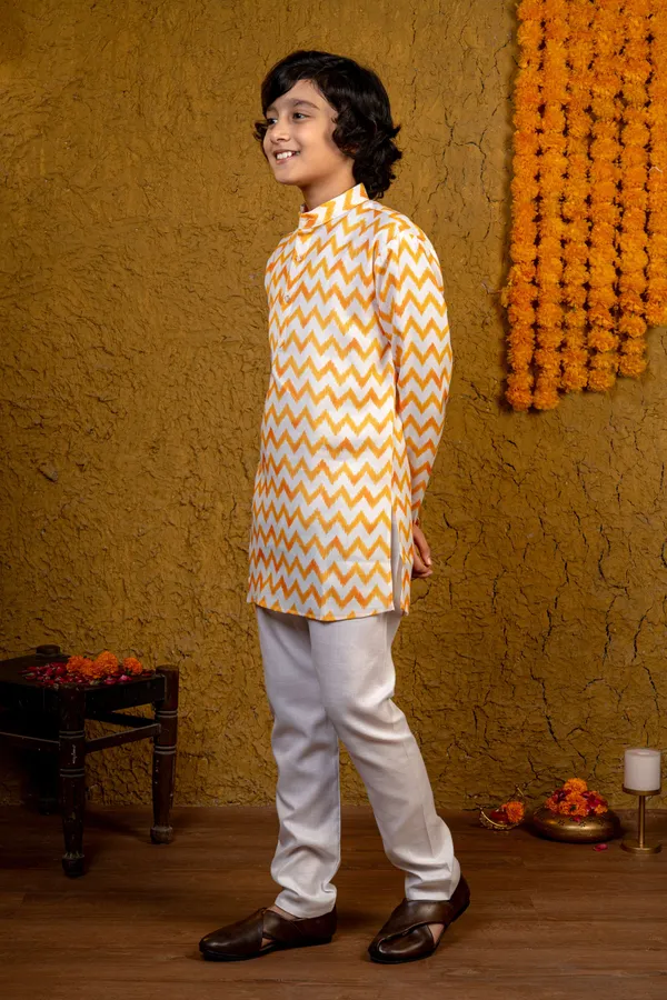 Yellow_&_White_Cotton_Blend_Kurta_And_Pyjama_Set_Striped_For_Boys