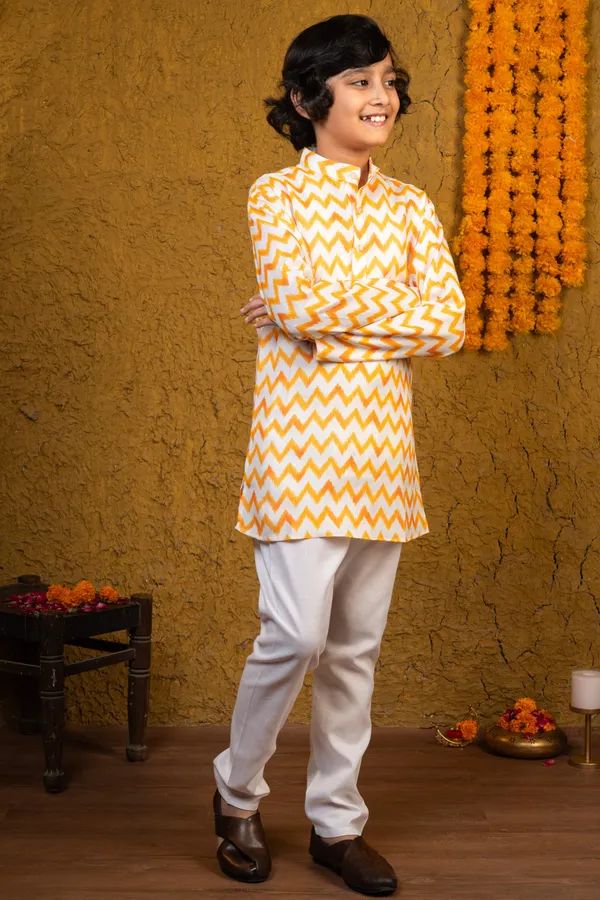 Yellow_&_White_Cotton_Blend_Kurta_And_Pyjama_Set_Striped_For_Boys