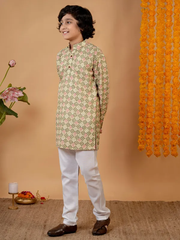 Light_Green_Cotton_Blend_Kurta_And_Pyjama_Set_Printed_For_Boys
