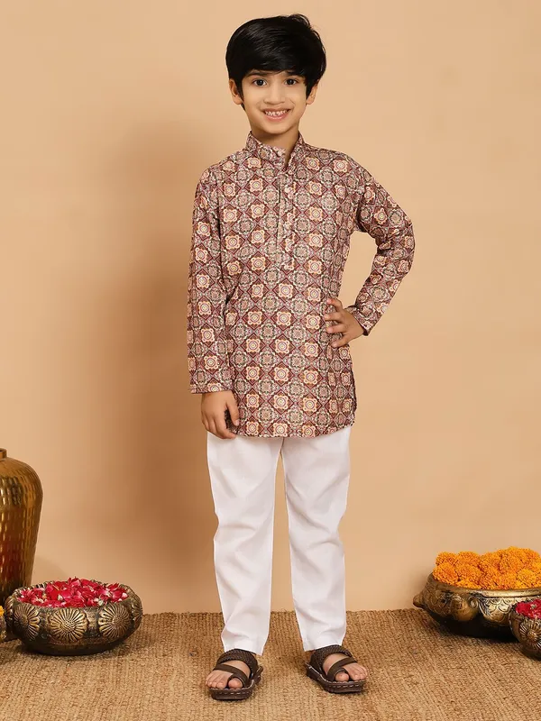 Copper_Brown_Rayon_Kurta_And_Pyjama_Set_Floral_Print_|Embellished_|Embroidered_For_Boys