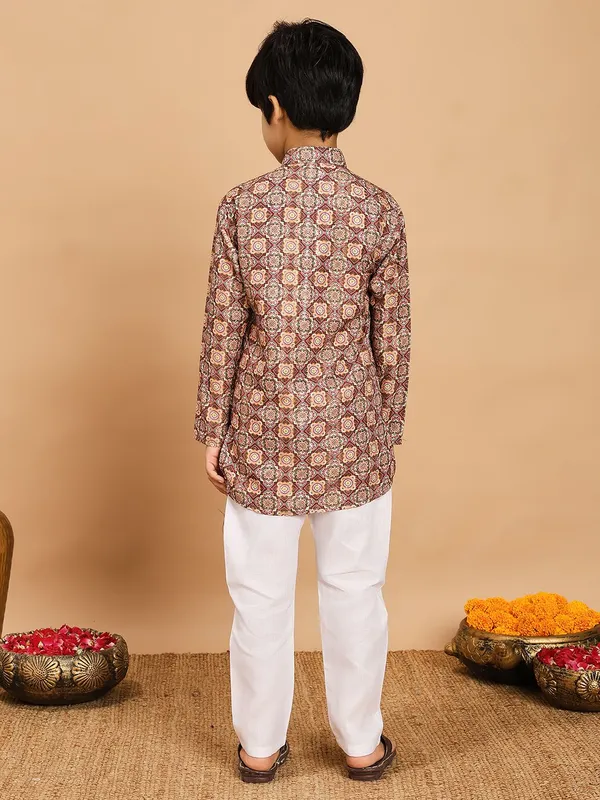 Copper_Brown_Rayon_Kurta_And_Pyjama_Set_Floral_Print_|Embellished_|Embroidered_For_Boys