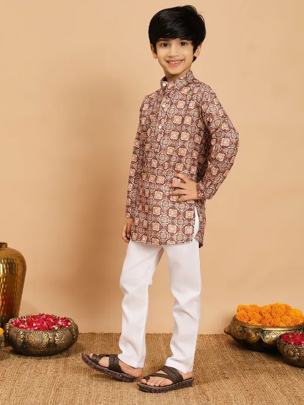 Copper_Brown_Rayon_Kurta_And_Pyjama_Set_Floral_Print_|Embellished_|Embroidered_For_Boys