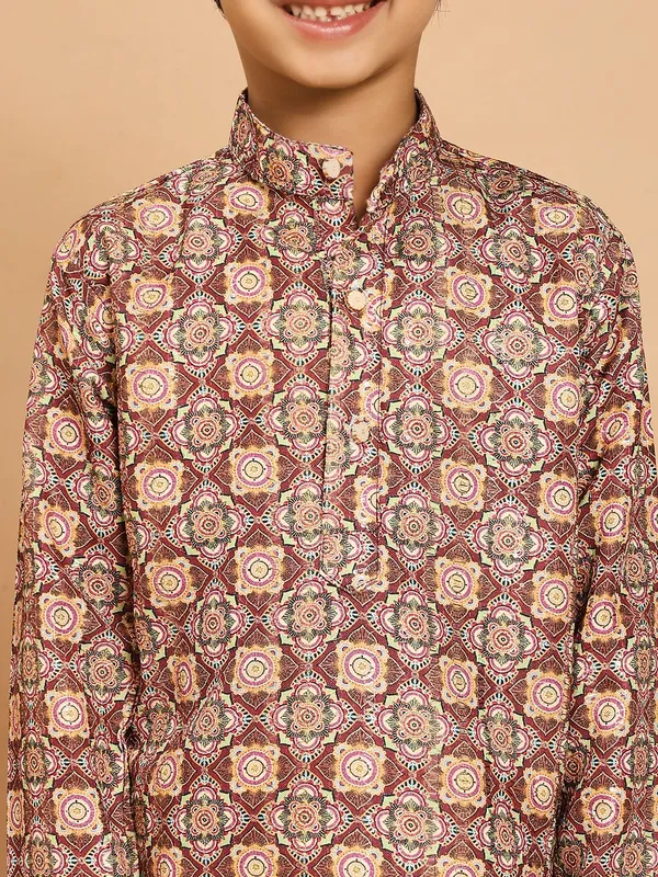 Copper_Brown_Rayon_Kurta_And_Pyjama_Set_Floral_Print_|Embellished_|Embroidered_For_Boys