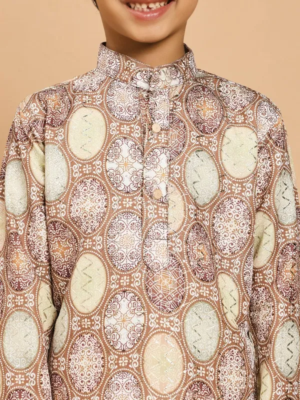 Beige_Rayon_Kurta_And_Pyjama_Set_Printed_|Embellished_|Embroidered_For_Boys