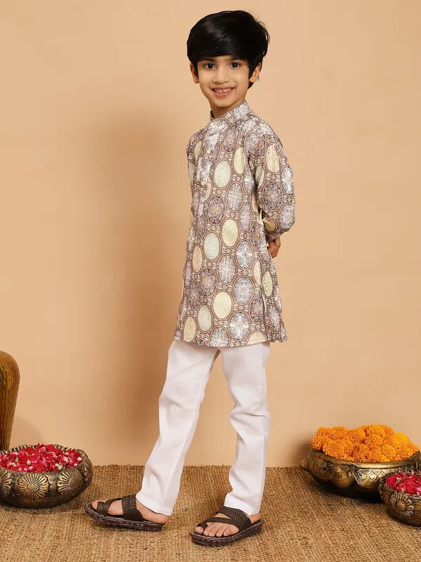 Beige_Rayon_Kurta_And_Pyjama_Set_Printed_|Embellished_|Embroidered_For_Boys