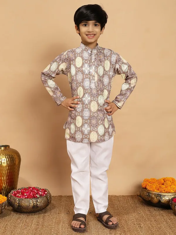 Beige_Rayon_Kurta_And_Pyjama_Set_Printed_|Embellished_|Embroidered_For_Boys