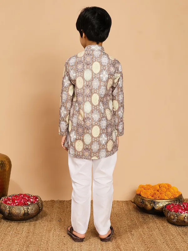 Beige_Rayon_Kurta_And_Pyjama_Set_Printed_|Embellished_|Embroidered_For_Boys