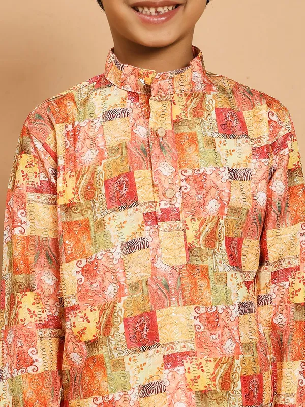 Orange_Rayon_Kurta_And_Pyjama_Set_Printed_|Embellished_|Embroidered_For_Boys