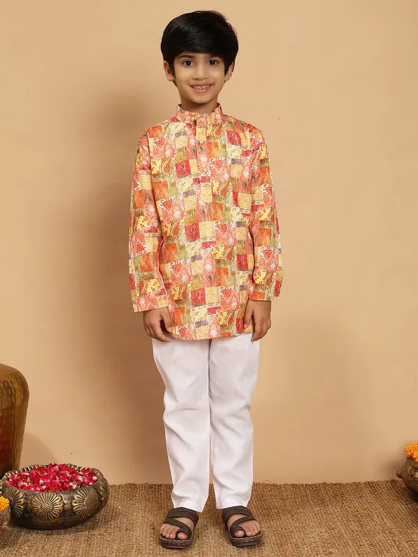 Orange_Rayon_Kurta_And_Pyjama_Set_Printed_|Embellished_|Embroidered_For_Boys