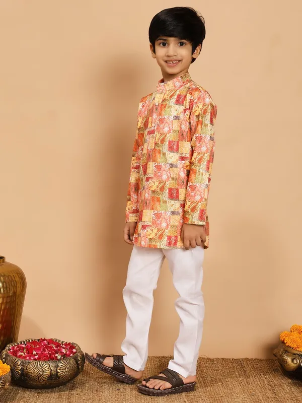 Orange_Rayon_Kurta_And_Pyjama_Set_Printed_|Embellished_|Embroidered_For_Boys