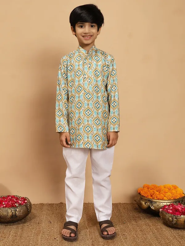Olive-Turquoise_Rayon_Kurta_And_Pyjama_Set_Printed_|Embellished_|Embroidered_For_Boys