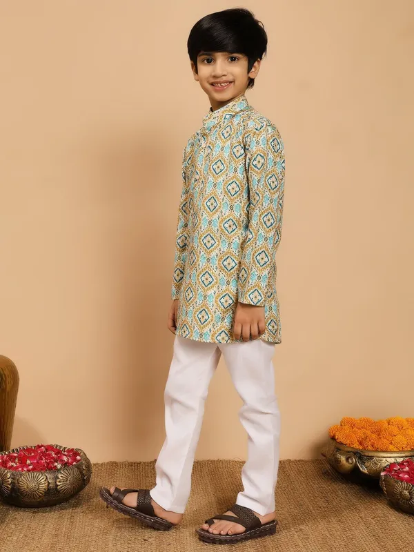 Olive-Turquoise_Rayon_Kurta_And_Pyjama_Set_Printed_|Embellished_|Embroidered_For_Boys