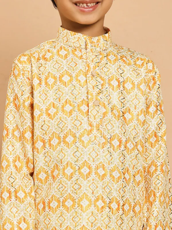 Yellow_Rayon_Kurta_And_Pyjama_Set_Printed_|Embellished_|Embroidered_For_Boys