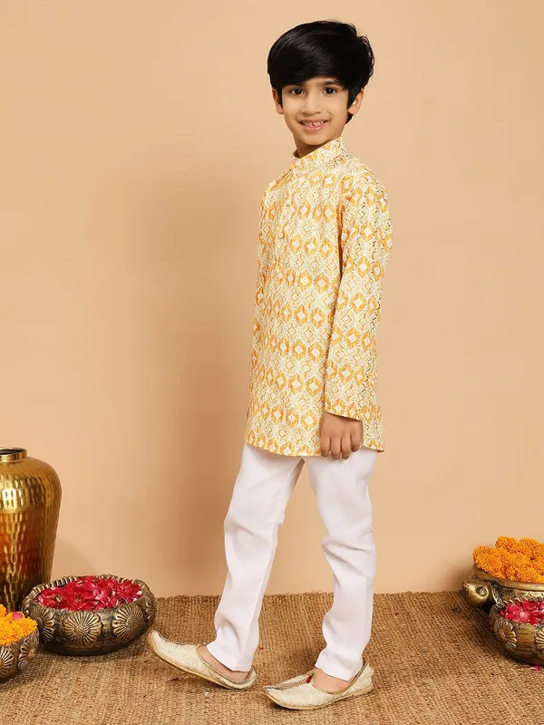 Yellow_Rayon_Kurta_And_Pyjama_Set_Printed_|Embellished_|Embroidered_For_Boys