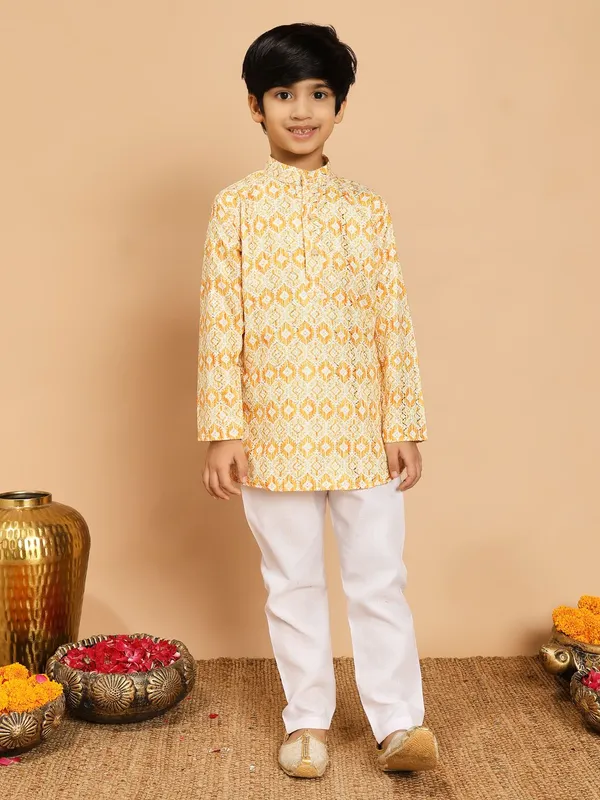Yellow_Rayon_Kurta_And_Pyjama_Set_Printed_|Embellished_|Embroidered_For_Boys