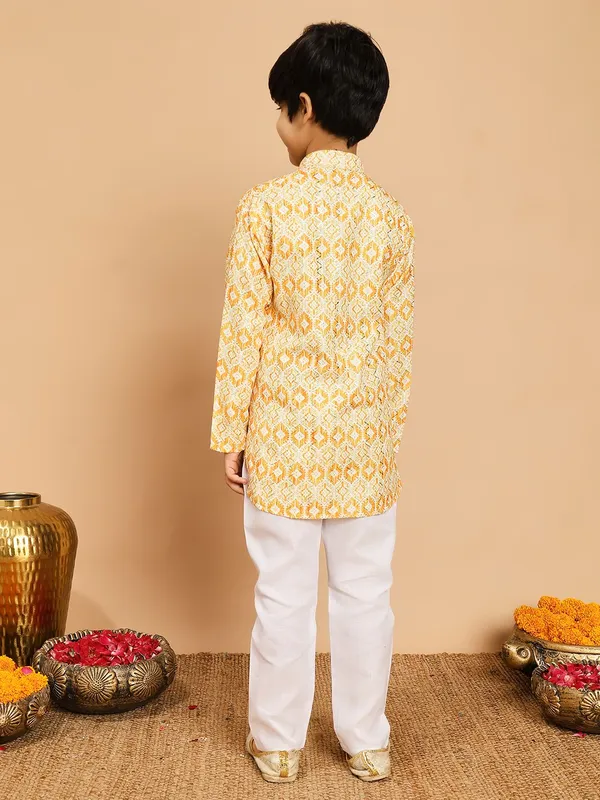 Yellow_Rayon_Kurta_And_Pyjama_Set_Printed_|Embellished_|Embroidered_For_Boys