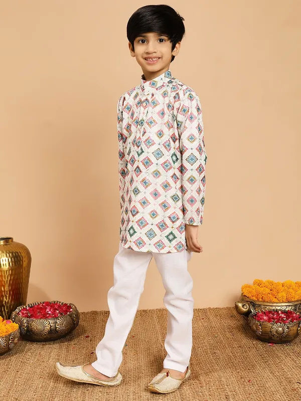 Cream_Multicolor_Rayon_Kurta_And_Pyjama_Set_Printed_|Embellished_|Embroidered_For_Boys